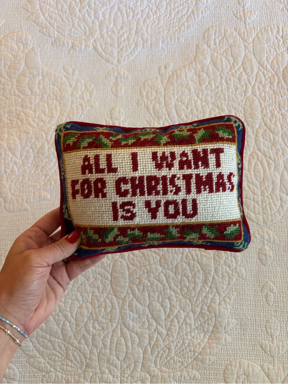 Holiday Needlepoint Pillow - "All I Want For Christmas Is You"